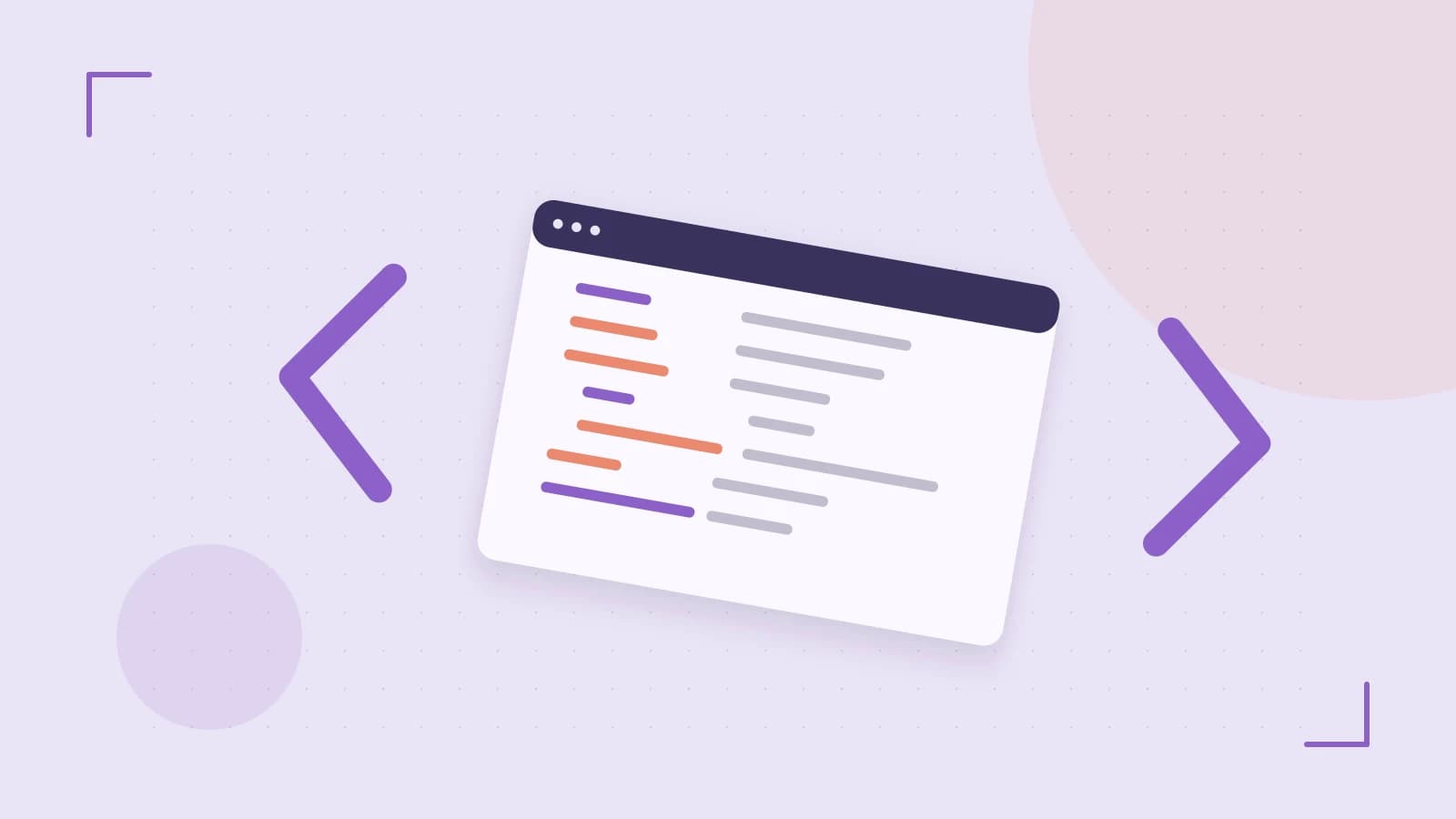 Editorial illustration of an abstract code editor, syntax blocks and oversized programming brackets