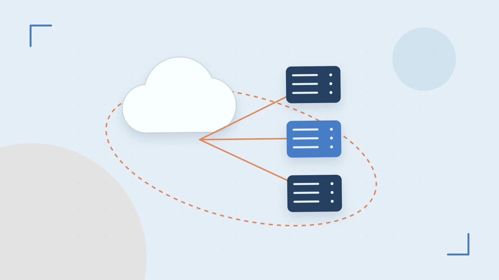 Editorial illustration of cloud infrastructure, connected server racks and an orbital service map