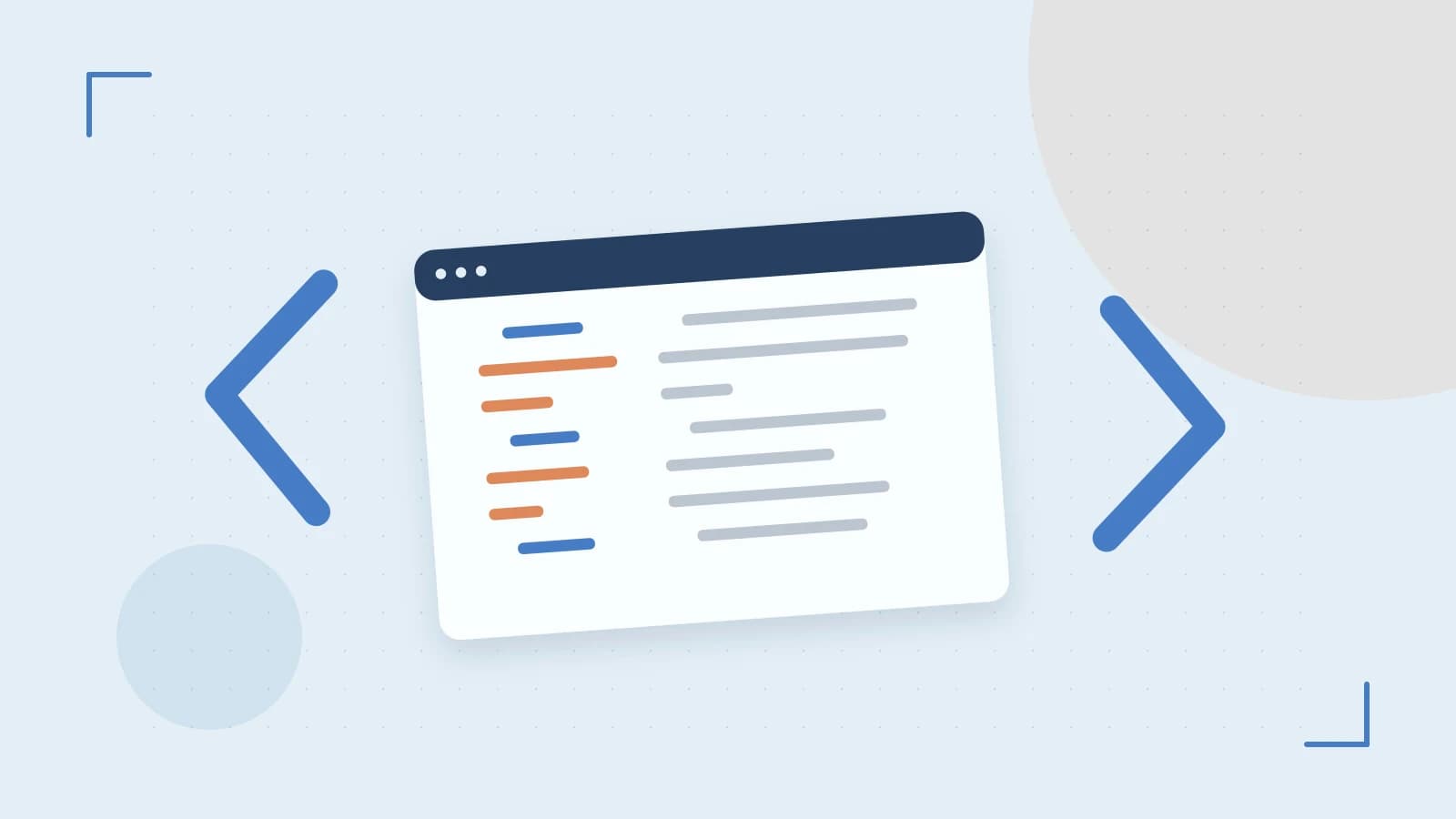 Editorial illustration of an abstract code editor, syntax blocks and oversized programming brackets