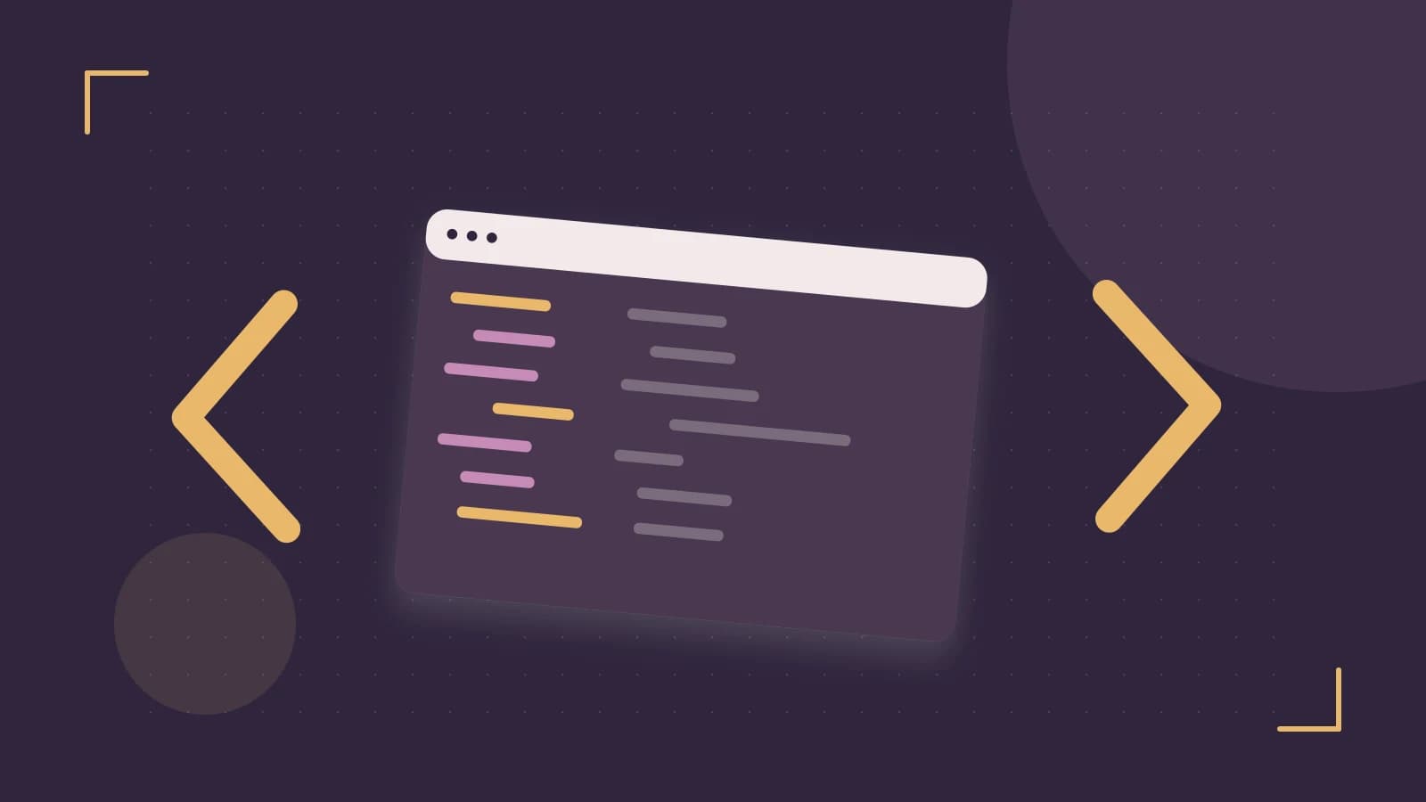 Editorial illustration of an abstract code editor, syntax blocks and oversized programming brackets