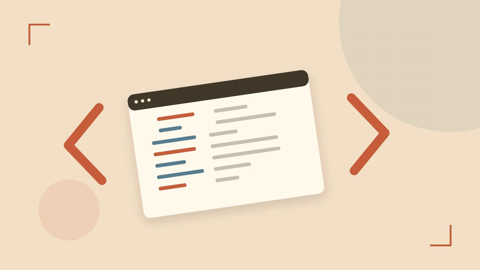 Editorial illustration of an abstract code editor, syntax blocks and oversized programming brackets