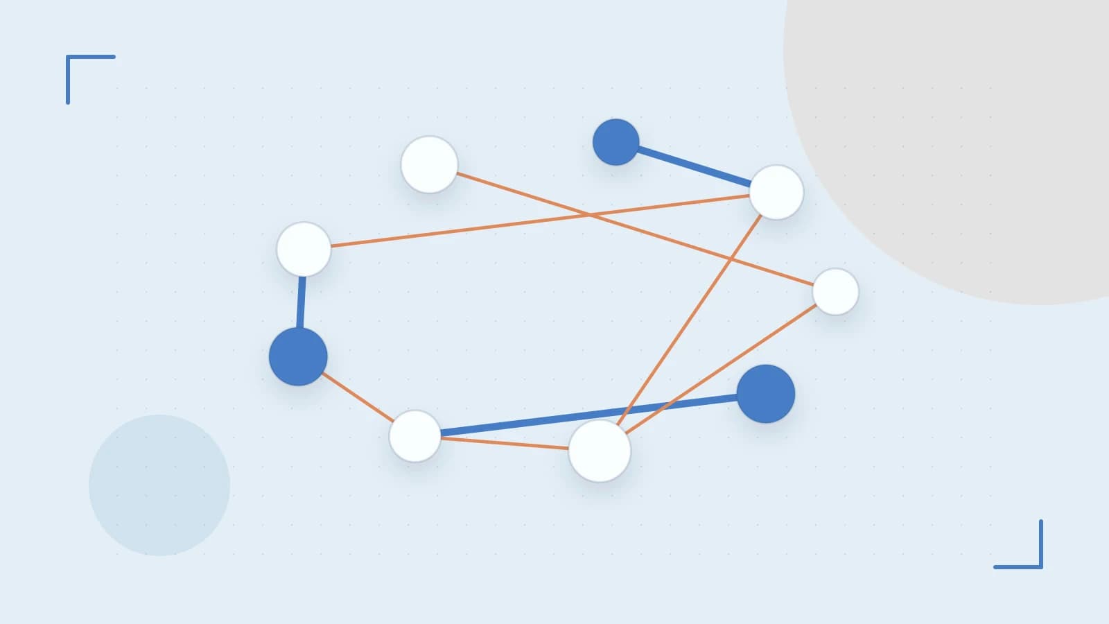 Editorial illustration of an algorithmic node graph with branching paths and a highlighted result