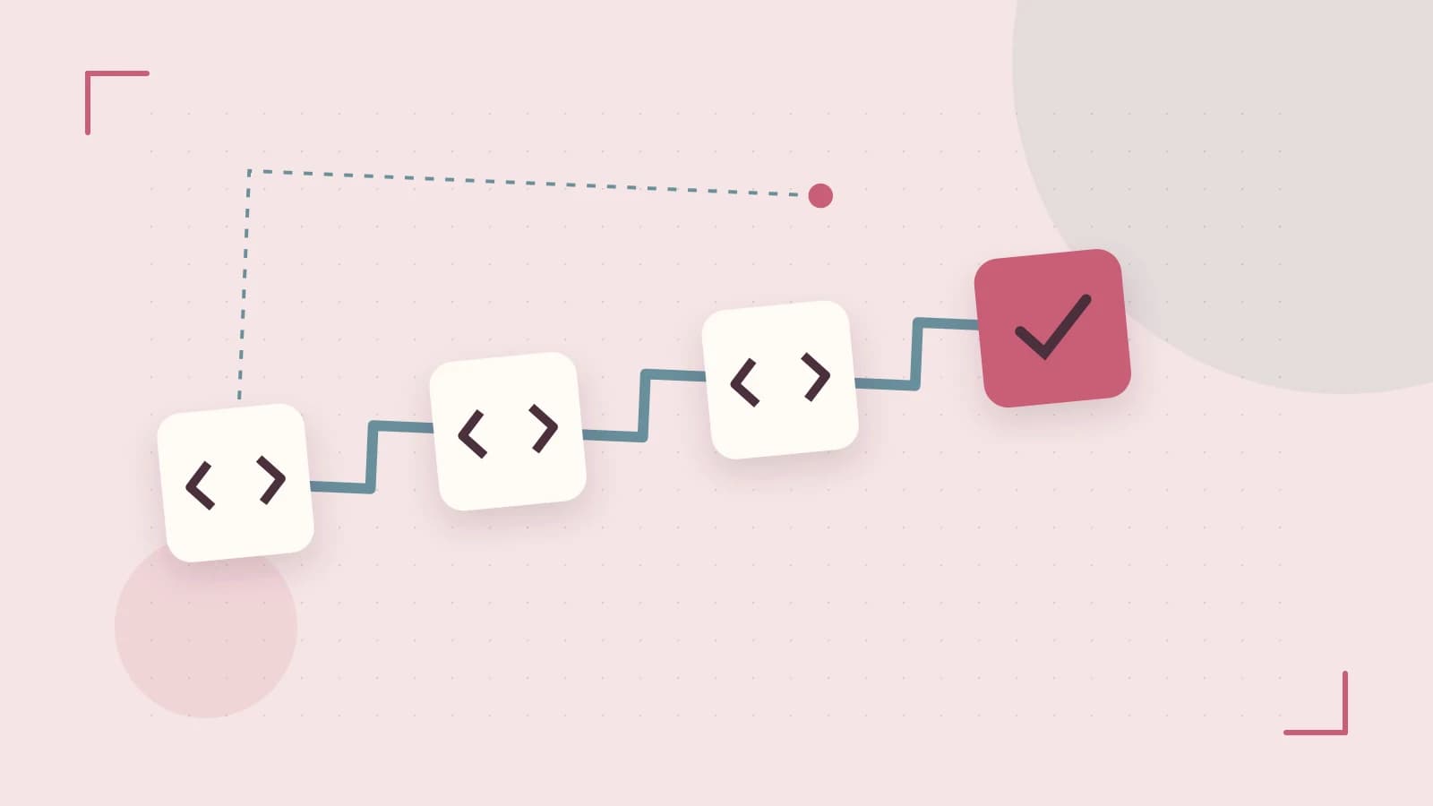 Editorial illustration of a branching build pipeline, staged transformations and a completed check