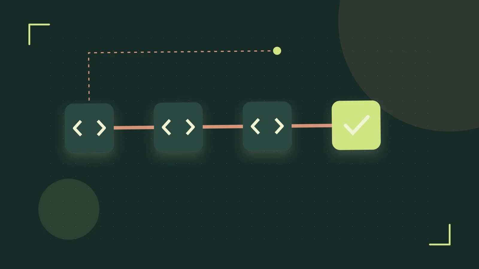 Editorial illustration of a branching build pipeline, staged transformations and a completed check