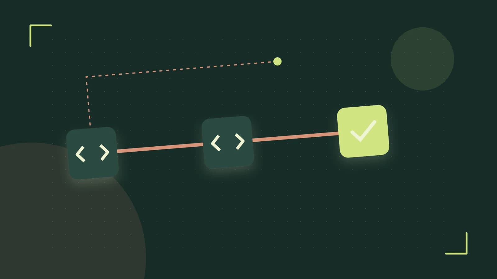 Editorial illustration of a branching build pipeline, staged transformations and a completed check