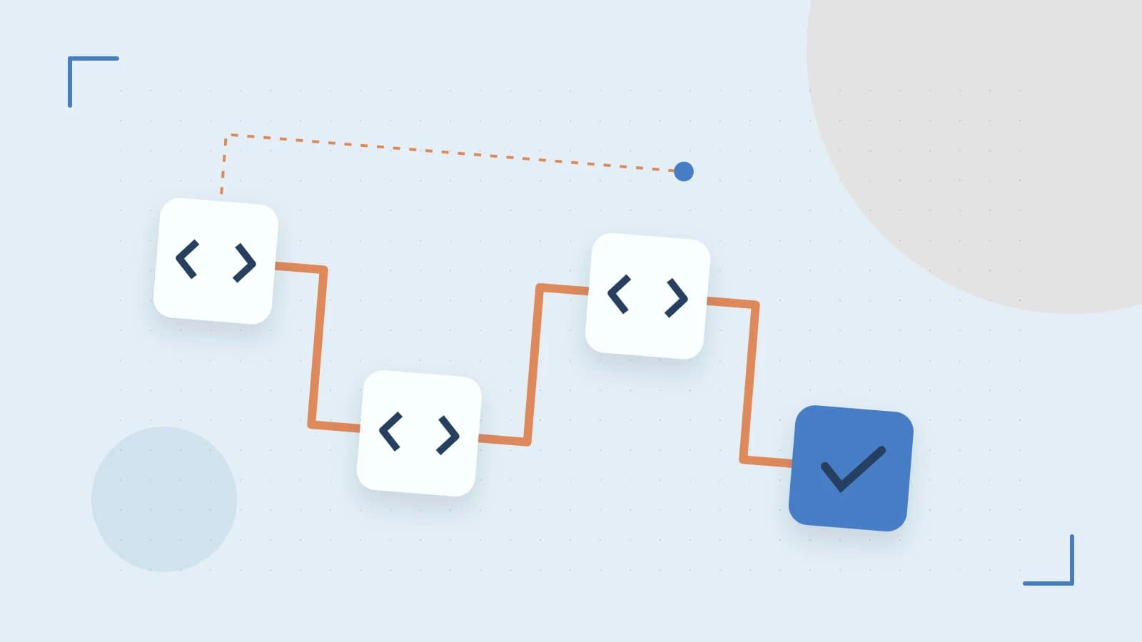 Editorial illustration of a branching build pipeline, staged transformations and a completed check