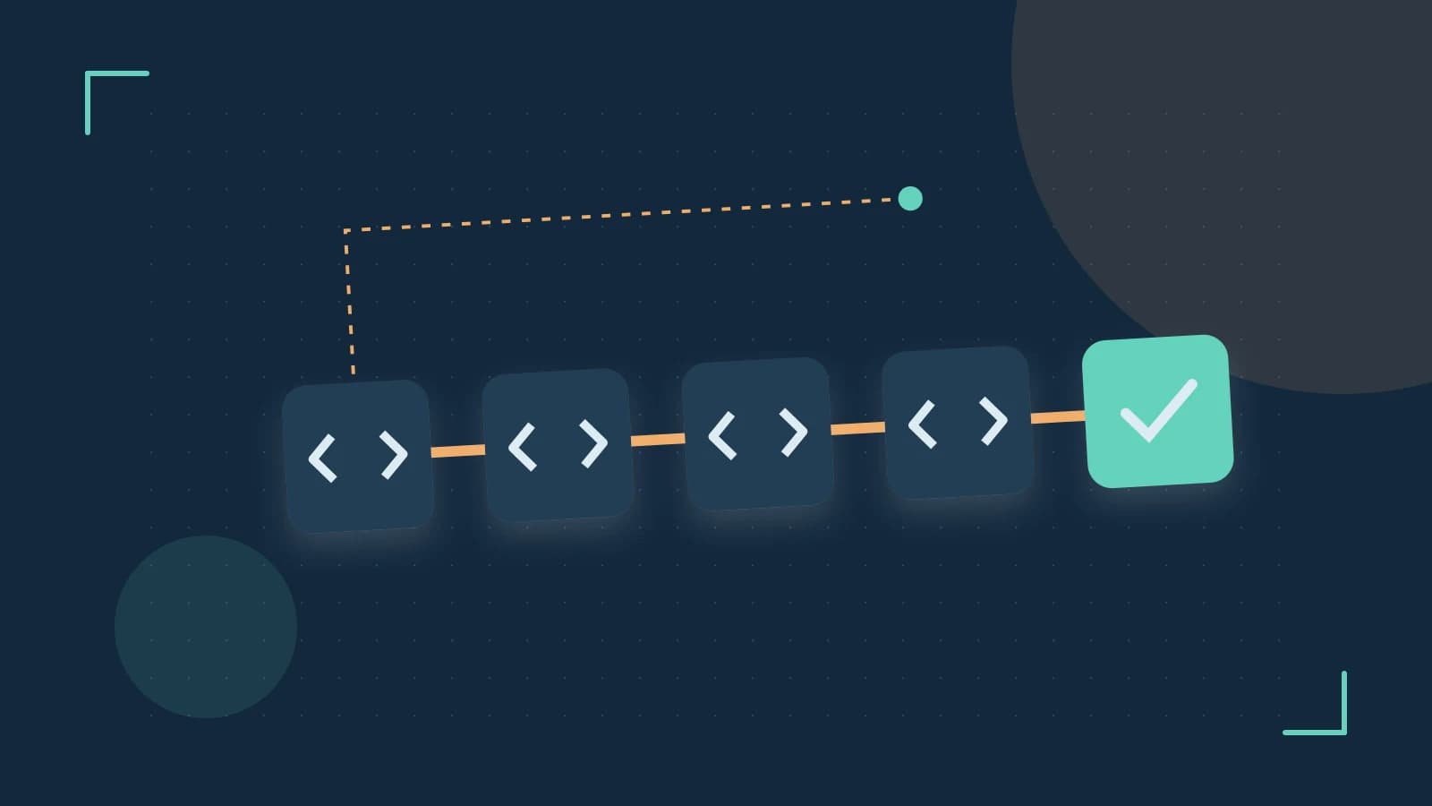 Editorial illustration of a branching build pipeline, staged transformations and a completed check