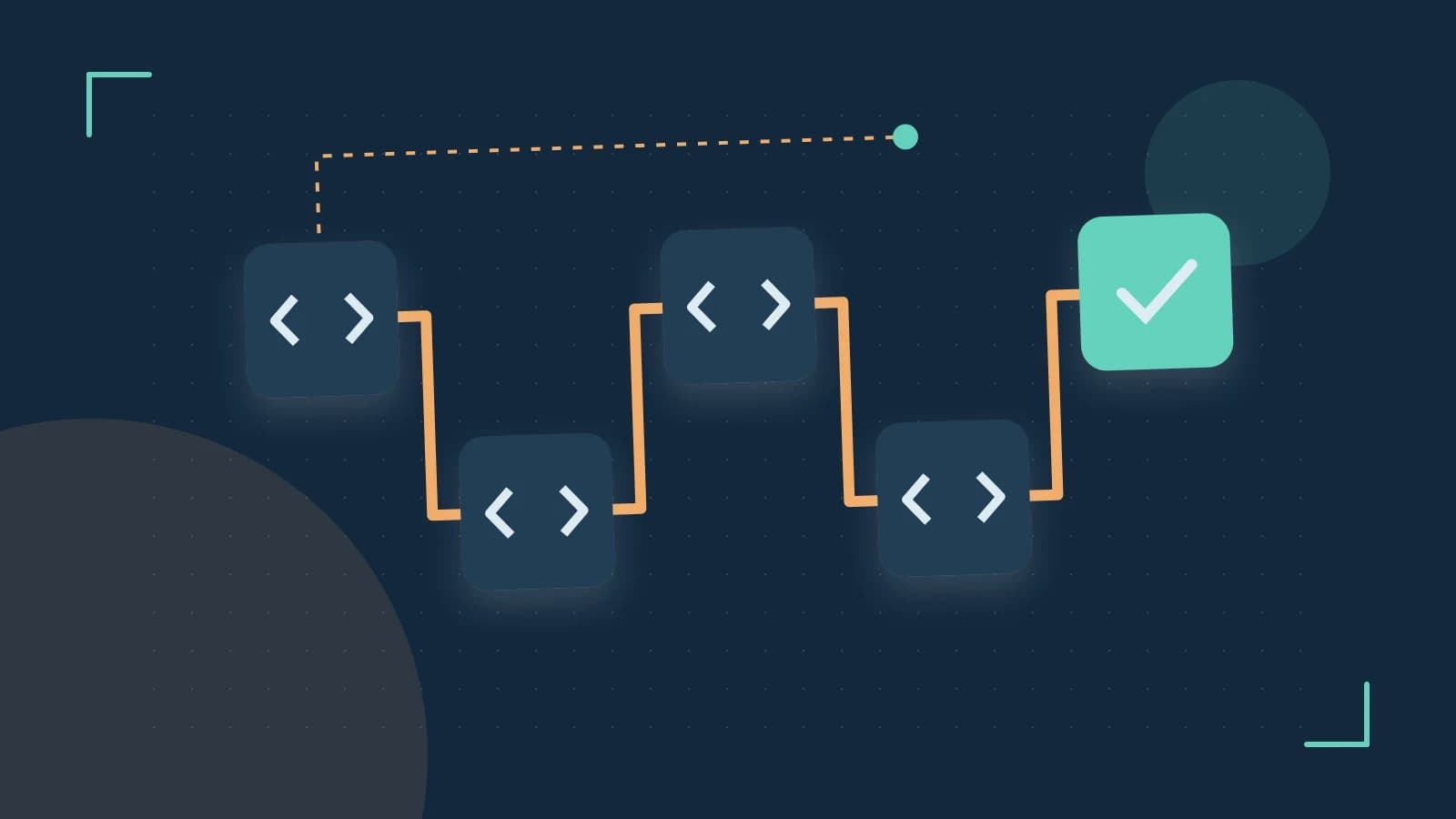 Editorial illustration of a branching build pipeline, staged transformations and a completed check