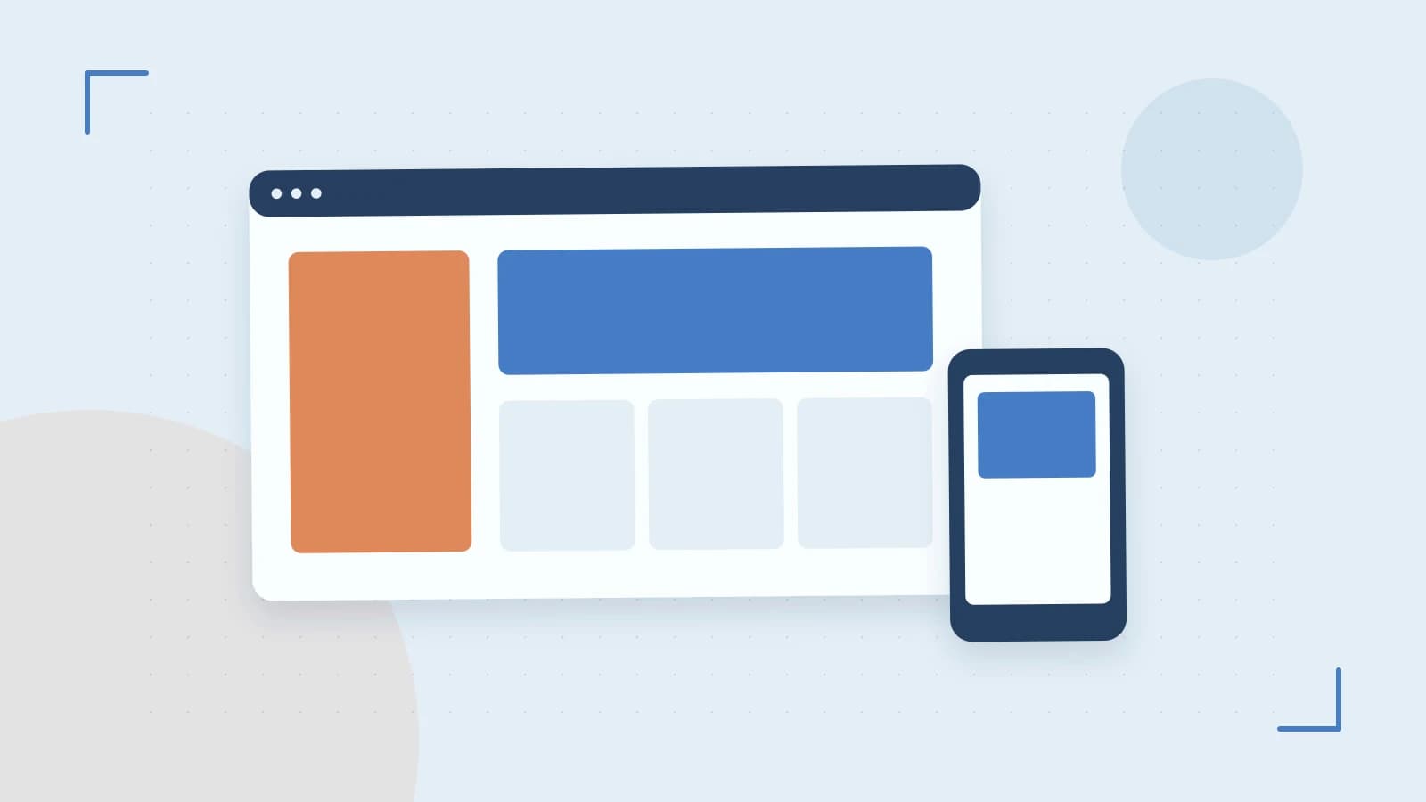 Editorial illustration of responsive browser layouts, overlapping design components and a color system