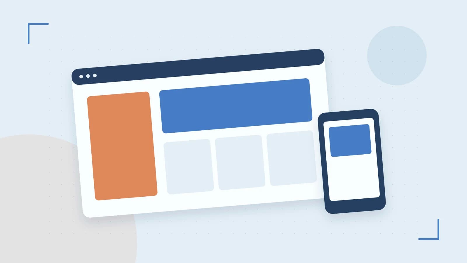 Editorial illustration of responsive browser layouts, overlapping design components and a color system