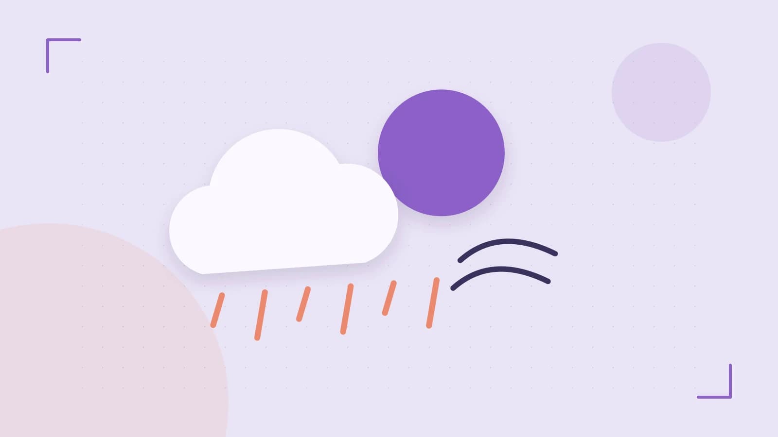 Editorial illustration of a sun, layered clouds, raindrops and flowing weather patterns