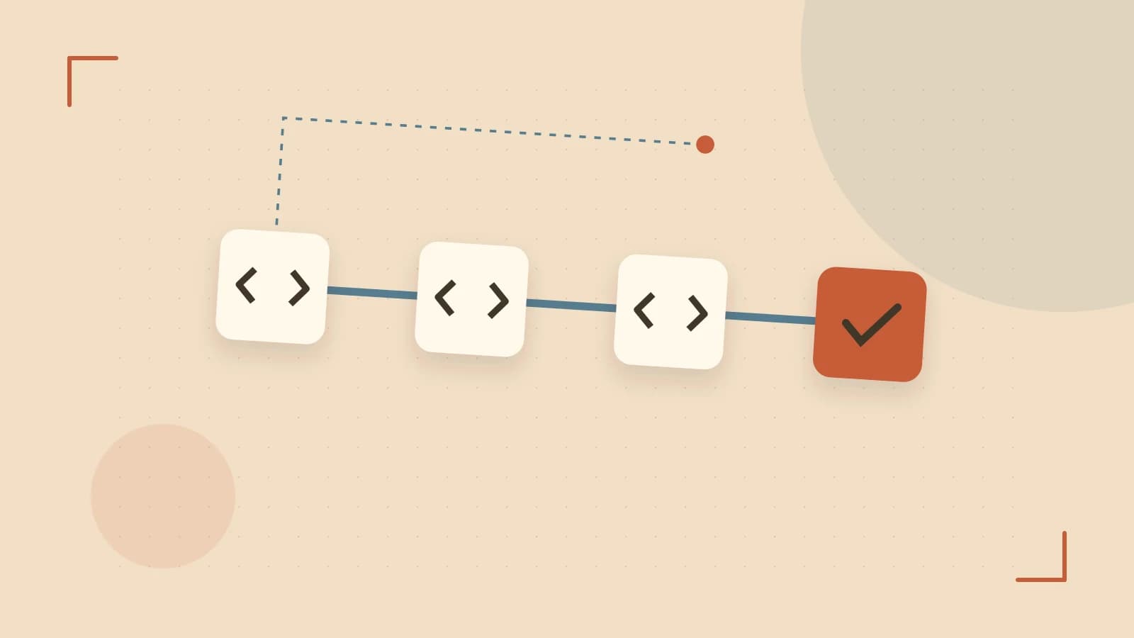 Editorial illustration of a branching build pipeline, staged transformations and a completed check