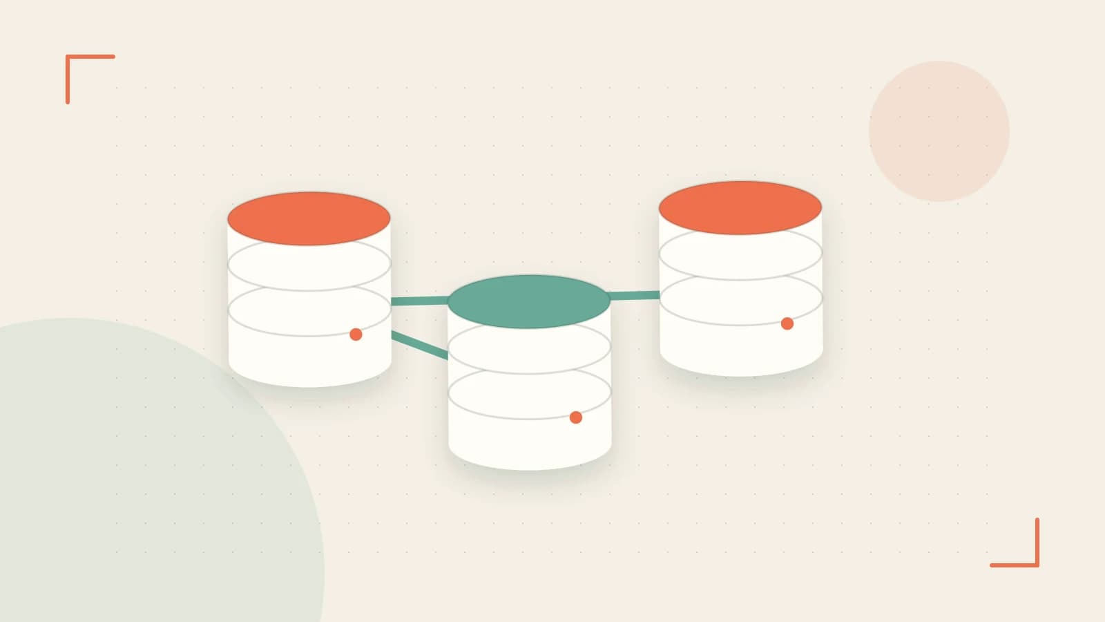 Editorial illustration of structured records, database cylinders and relationships between tables