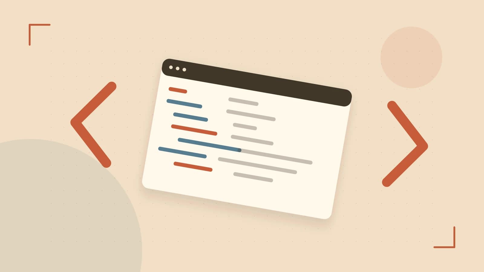 Editorial illustration of an abstract code editor, syntax blocks and oversized programming brackets