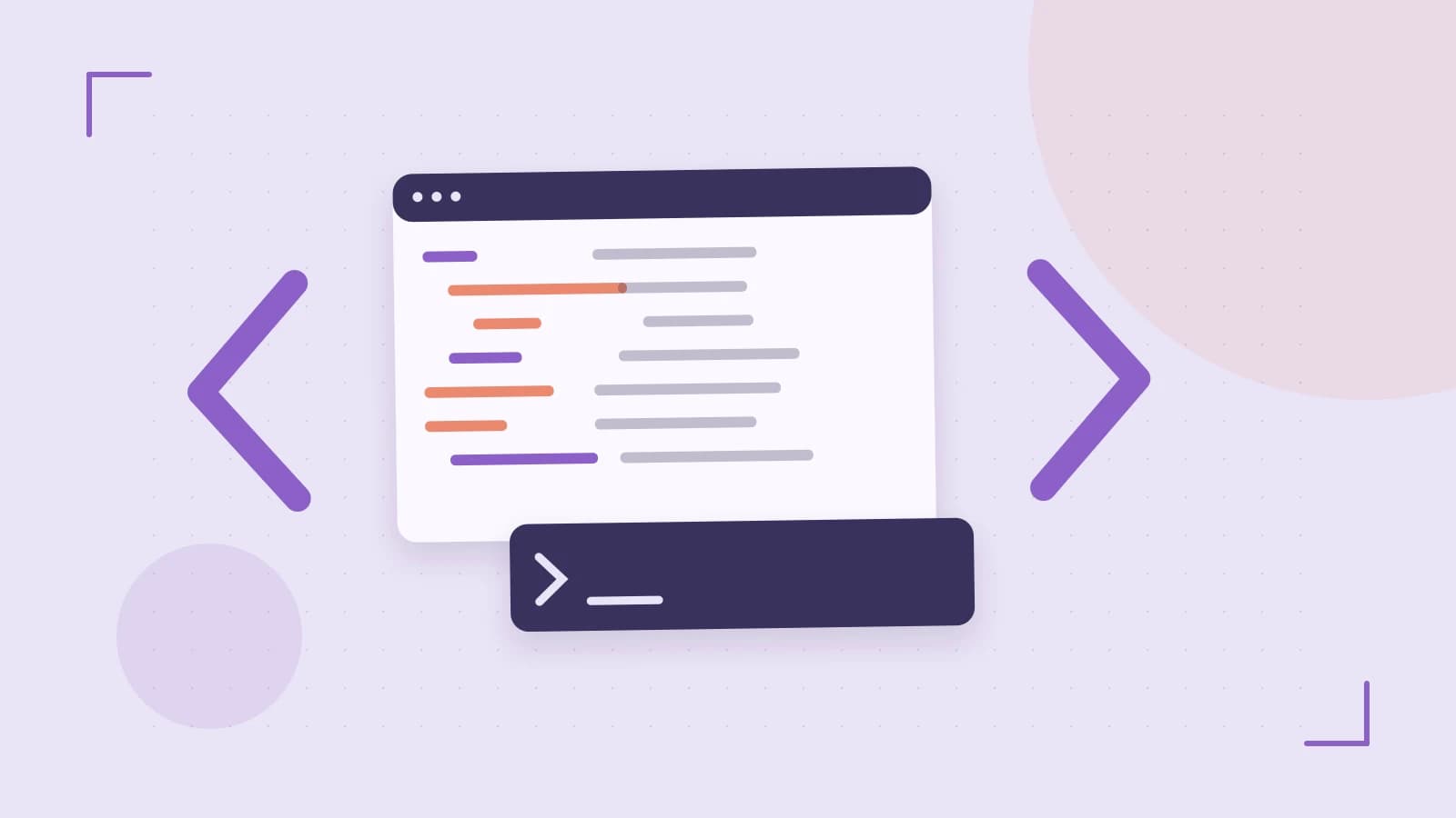 Editorial illustration of an abstract code editor, syntax blocks and oversized programming brackets