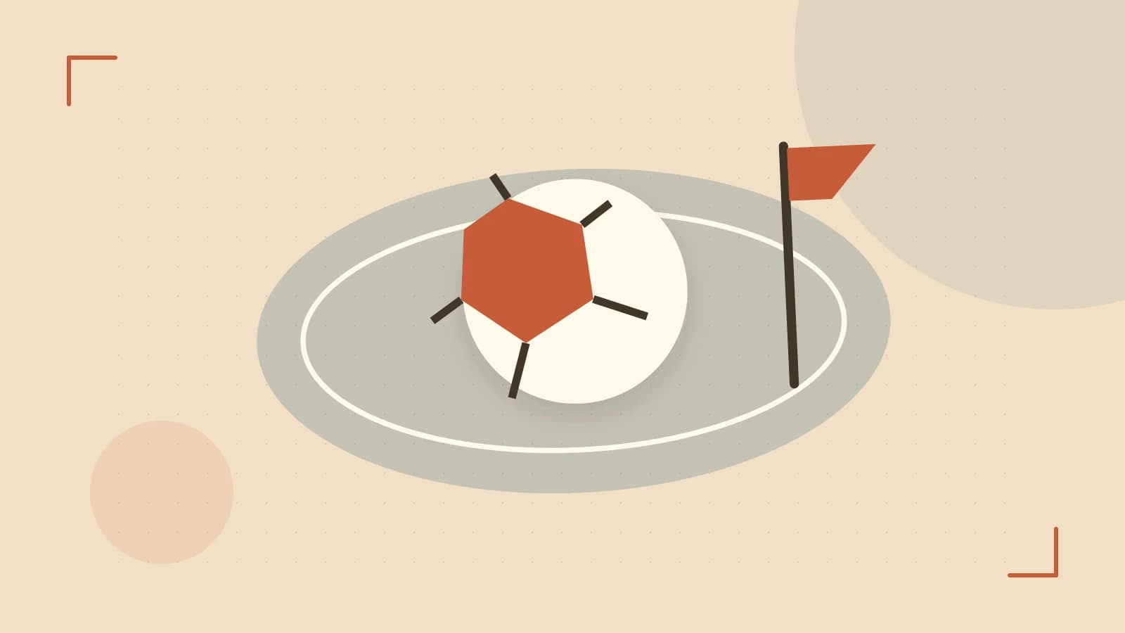 Editorial illustration of a stylized sports ball, stadium geometry and dynamic arcs