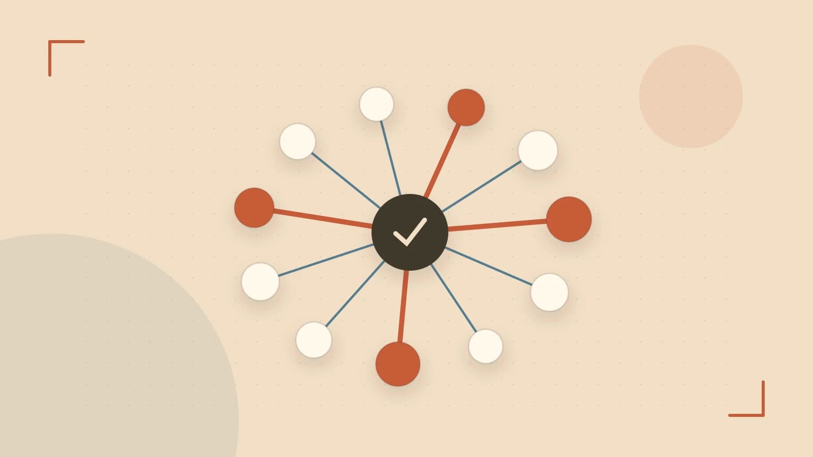 Editorial illustration of an algorithmic node graph with branching paths and a highlighted result