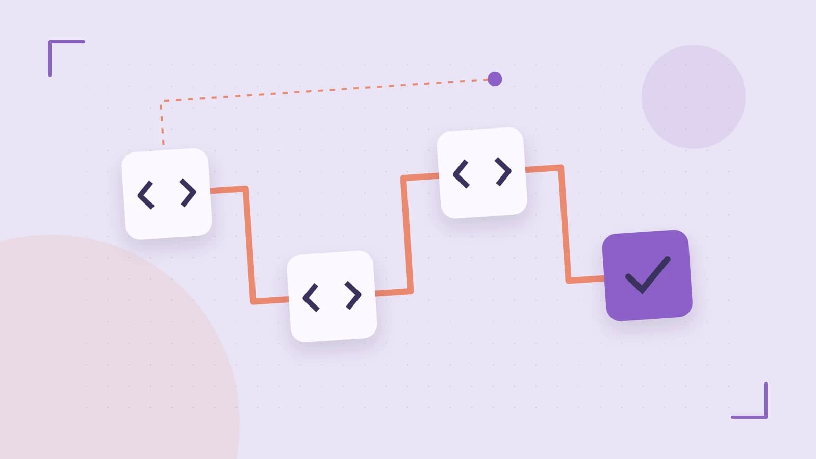 Editorial illustration of a branching build pipeline, staged transformations and a completed check