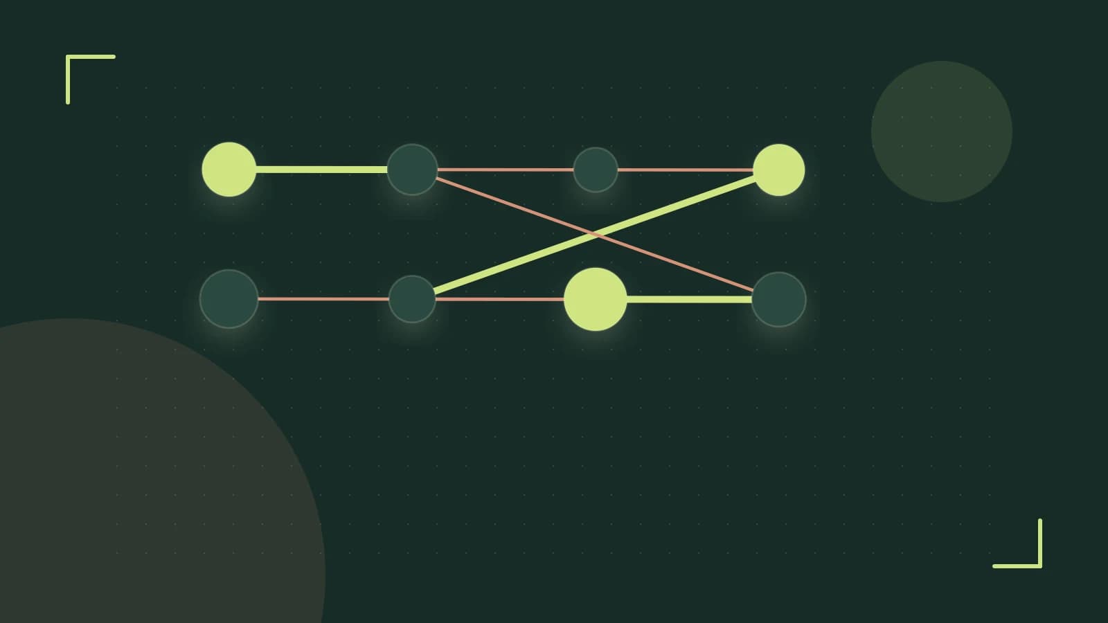 Editorial illustration of an algorithmic node graph with branching paths and a highlighted result
