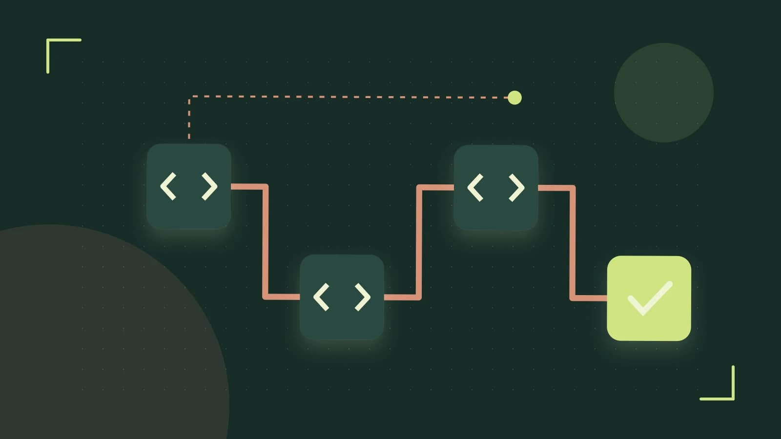 Editorial illustration of a branching build pipeline, staged transformations and a completed check