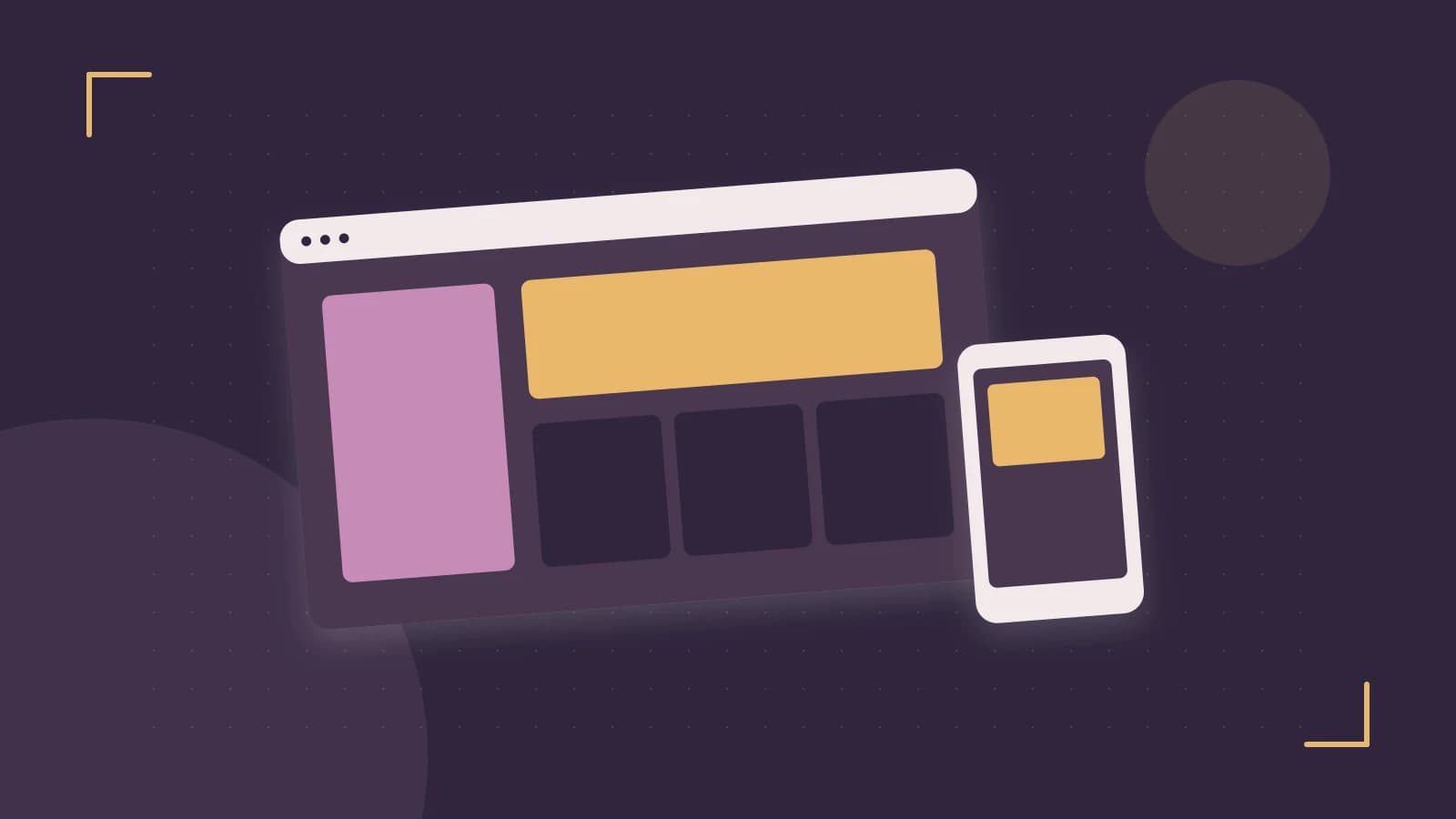 Editorial illustration of responsive browser layouts, overlapping design components and a color system
