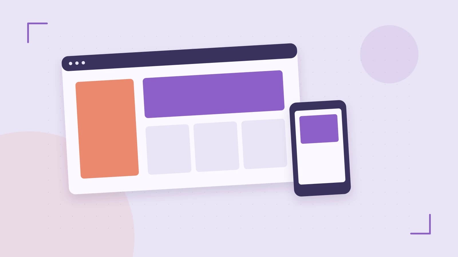 Editorial illustration of responsive browser layouts, overlapping design components and a color system