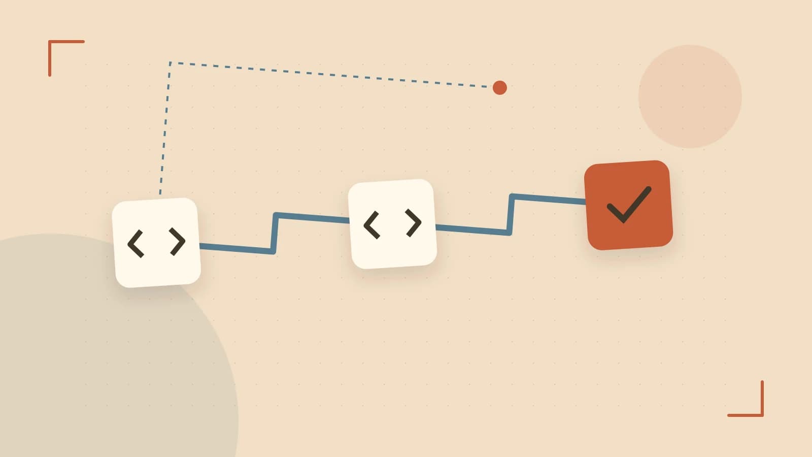 Editorial illustration of a branching build pipeline, staged transformations and a completed check