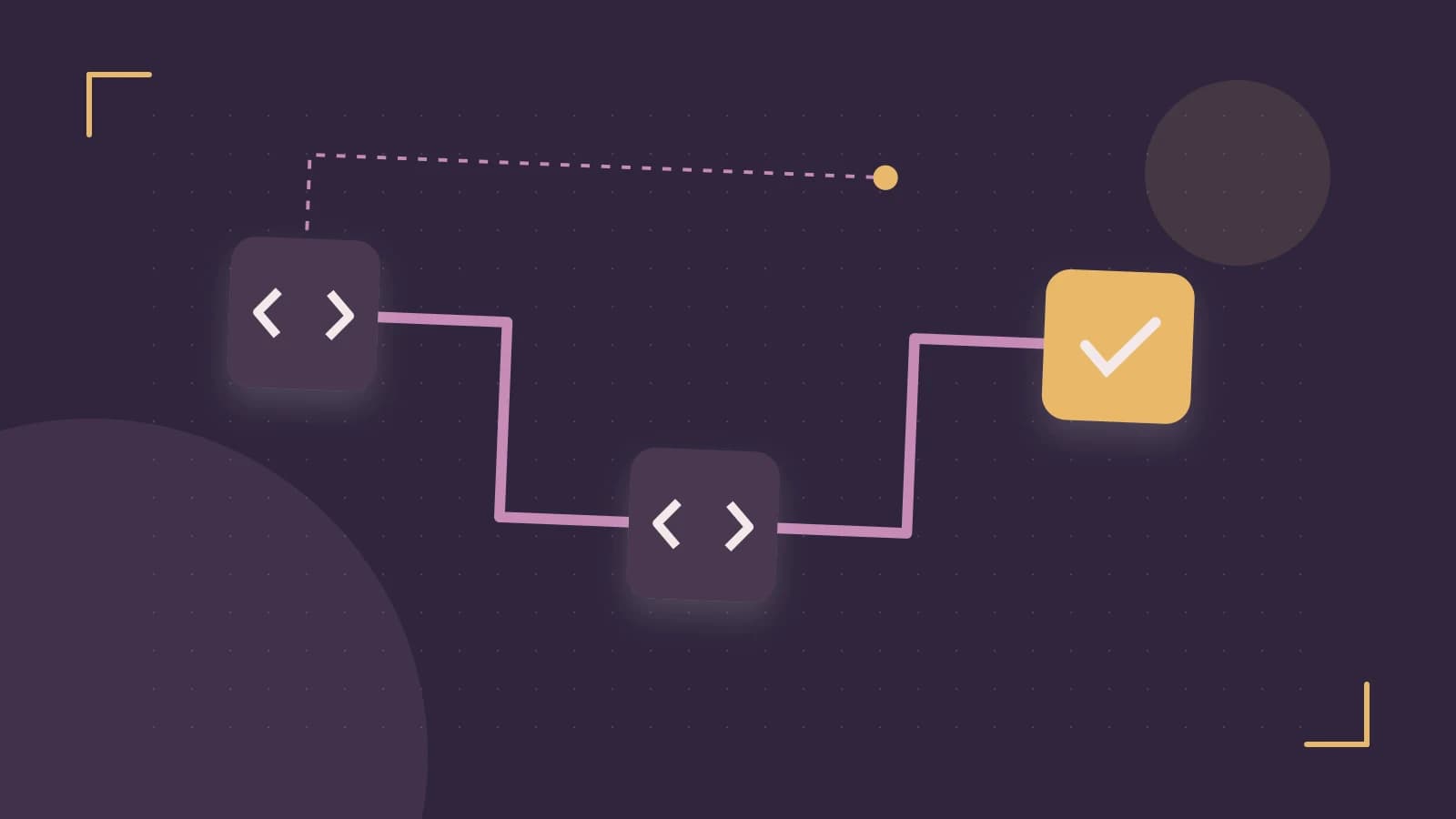 Editorial illustration of a branching build pipeline, staged transformations and a completed check