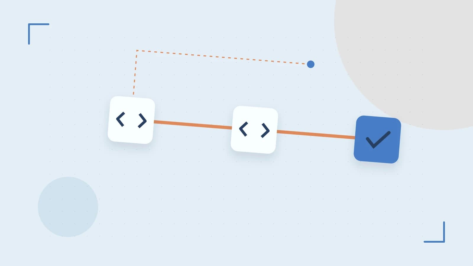 Editorial illustration of a branching build pipeline, staged transformations and a completed check
