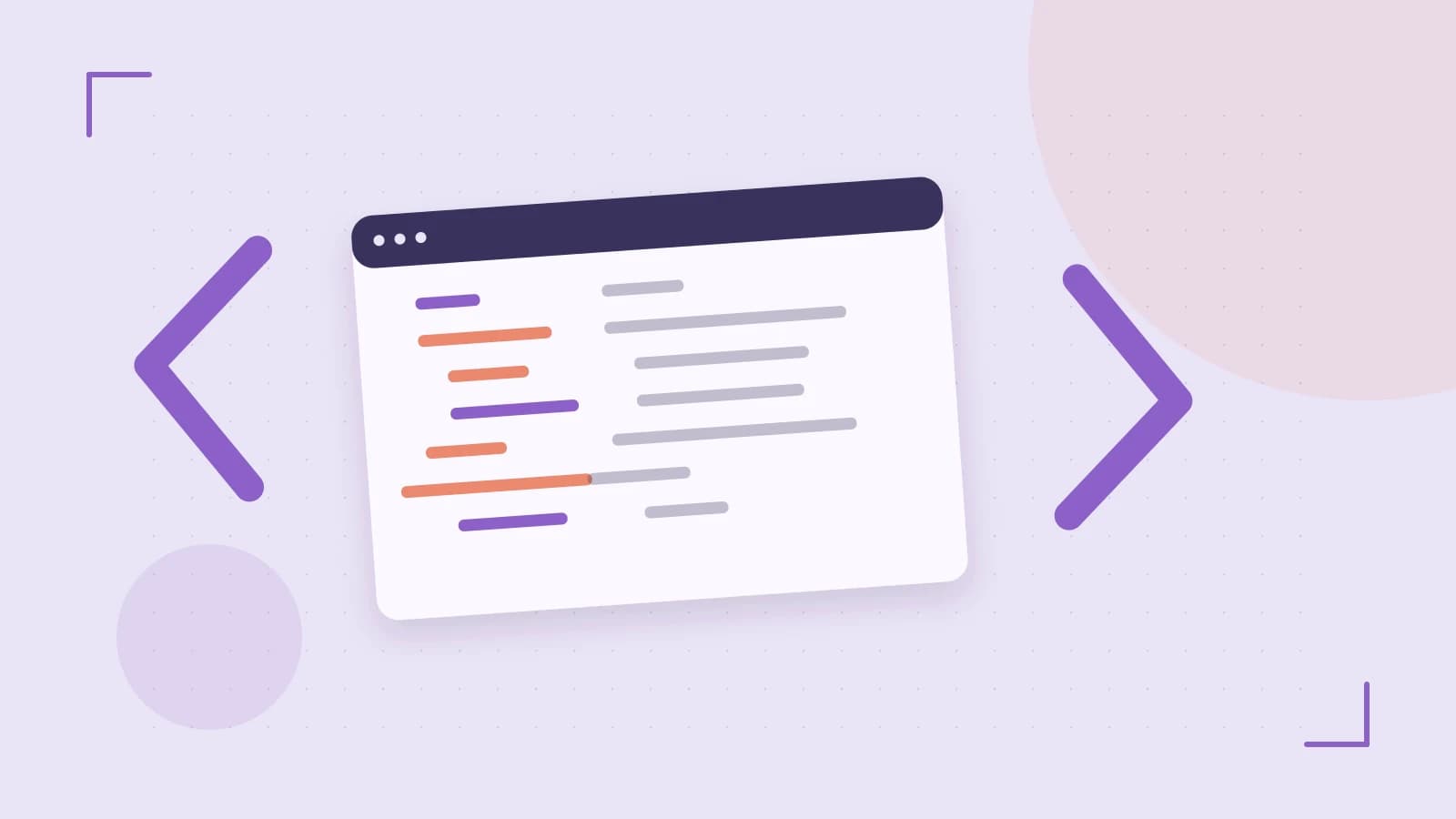Editorial illustration of an abstract code editor, syntax blocks and oversized programming brackets