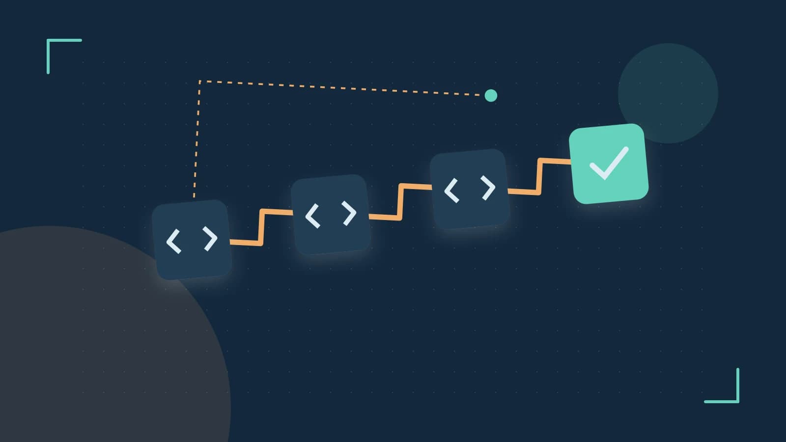 Editorial illustration of a branching build pipeline, staged transformations and a completed check
