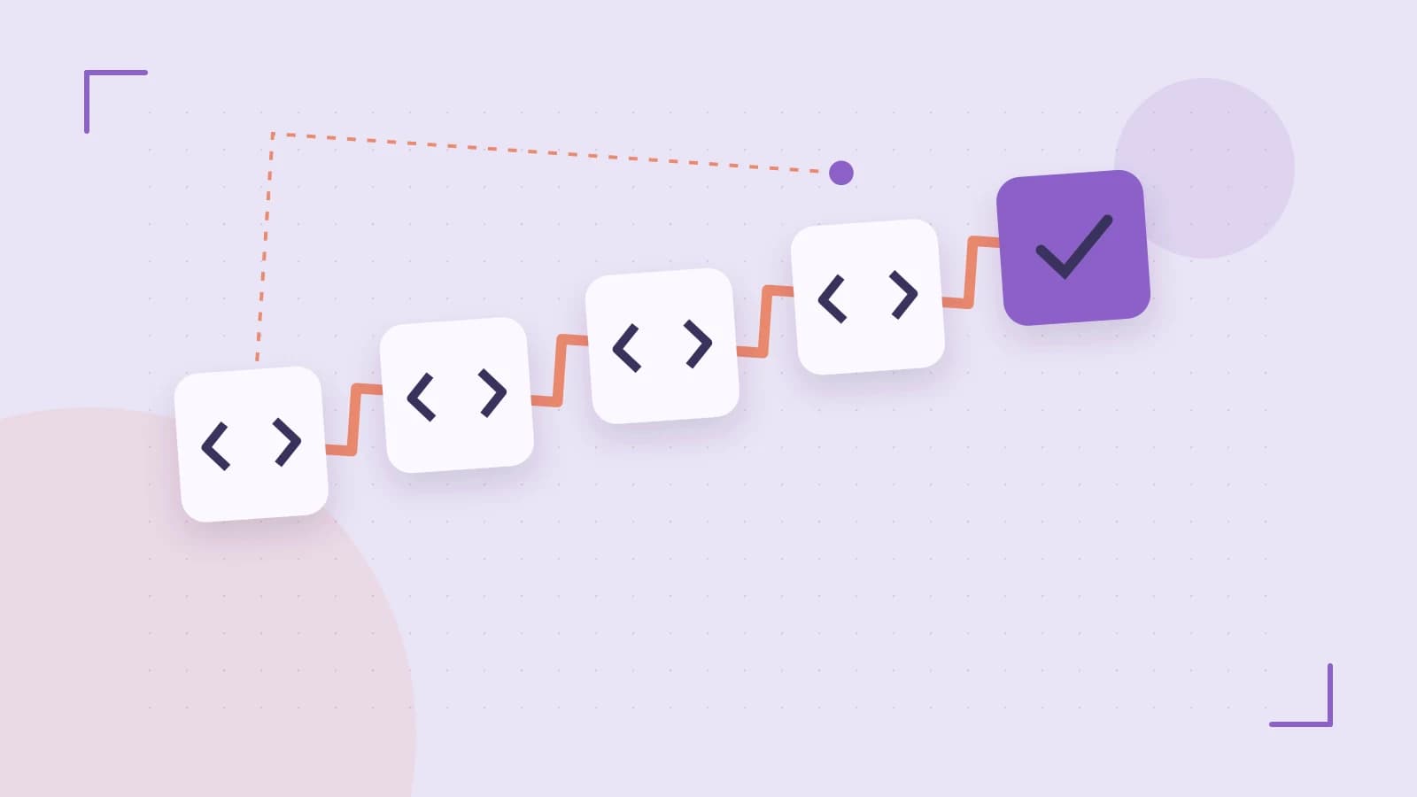 Editorial illustration of a branching build pipeline, staged transformations and a completed check