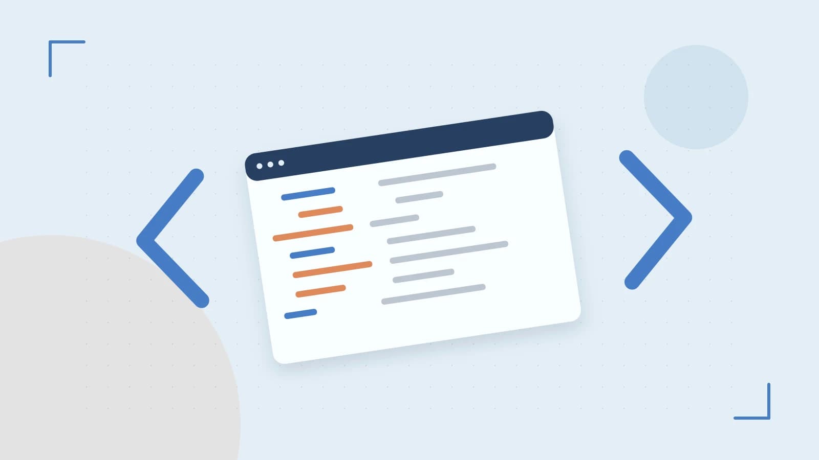 Editorial illustration of an abstract code editor, syntax blocks and oversized programming brackets