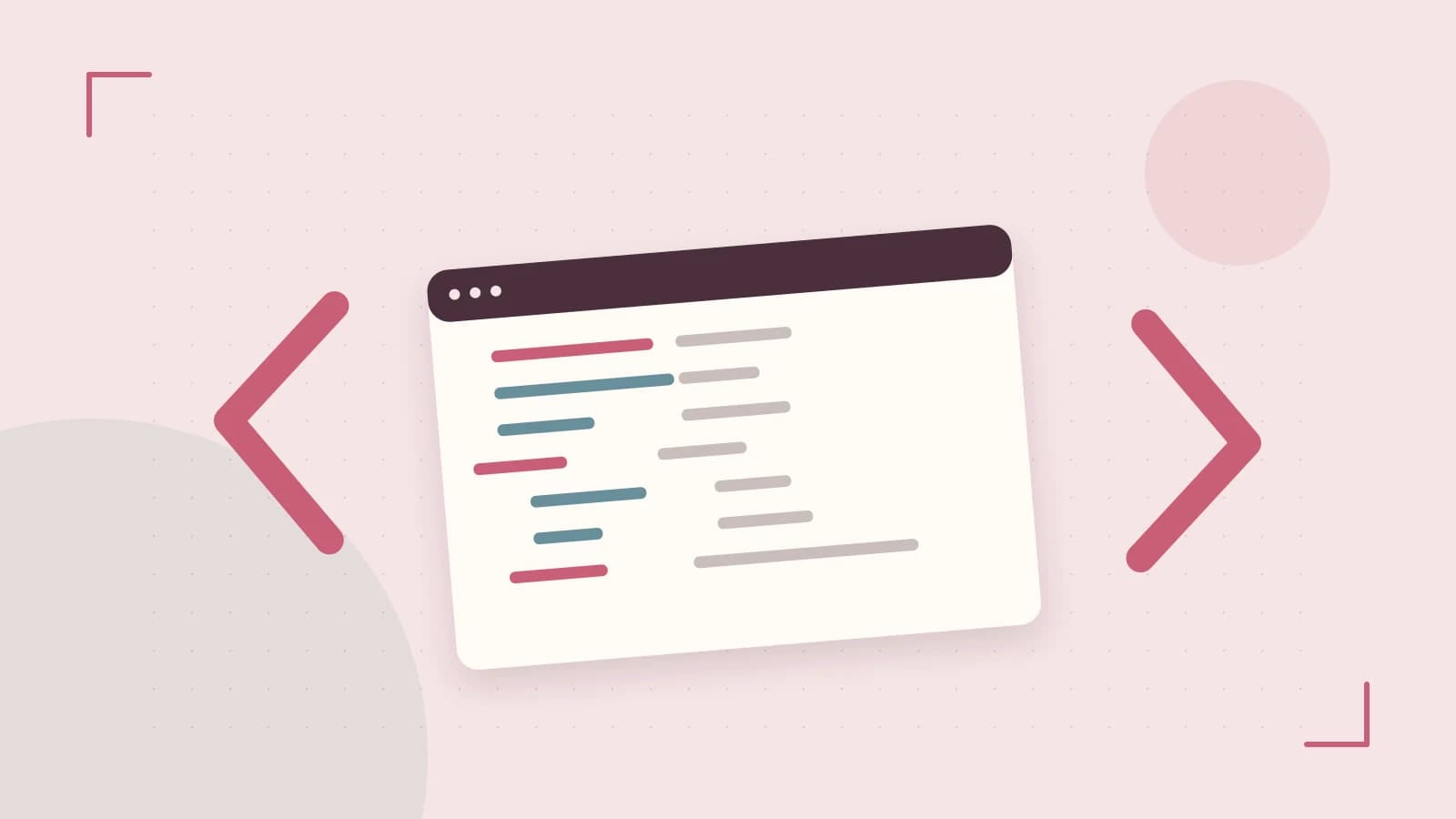 Editorial illustration of an abstract code editor, syntax blocks and oversized programming brackets