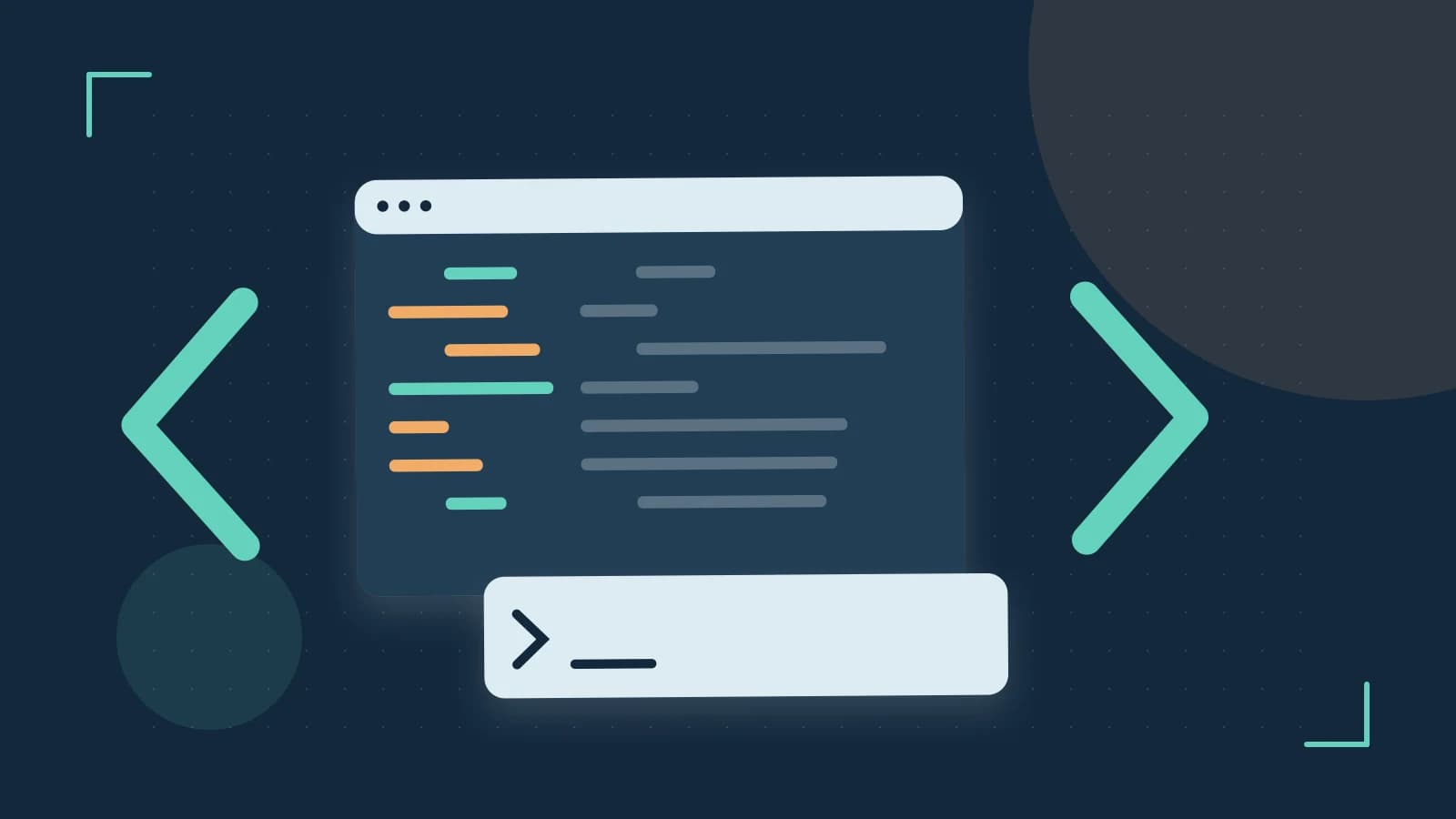 Editorial illustration of an abstract code editor, syntax blocks and oversized programming brackets