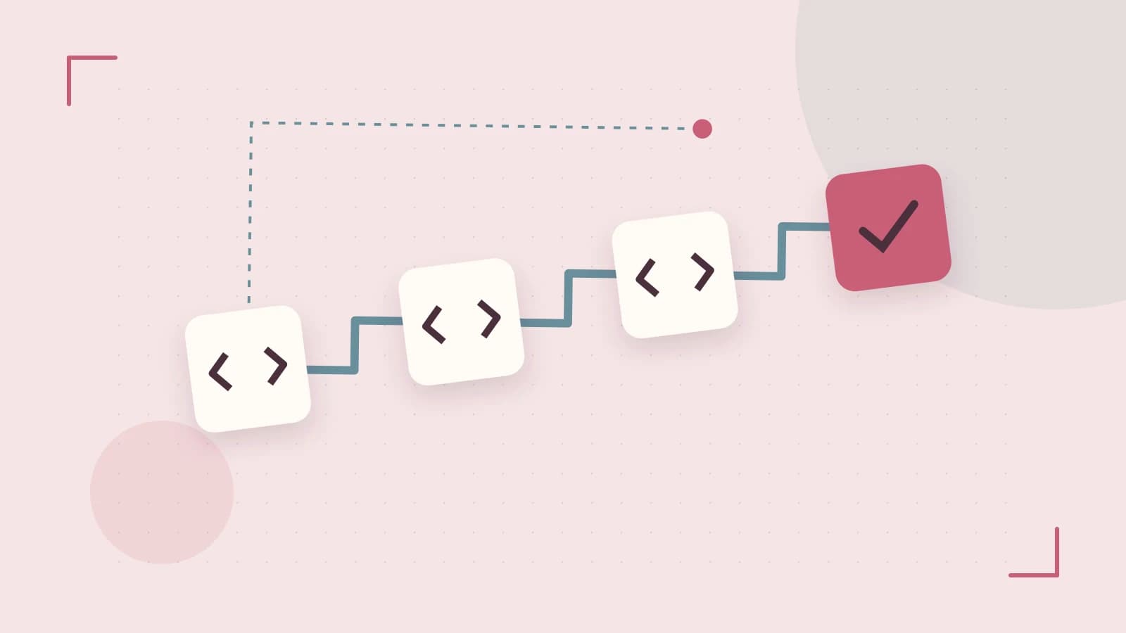 Editorial illustration of a branching build pipeline, staged transformations and a completed check