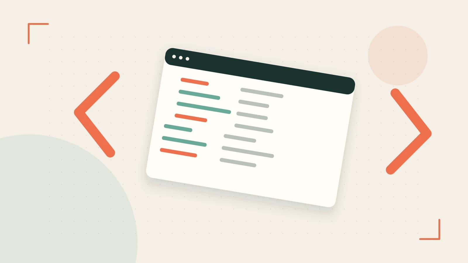 Editorial illustration of an abstract code editor, syntax blocks and oversized programming brackets