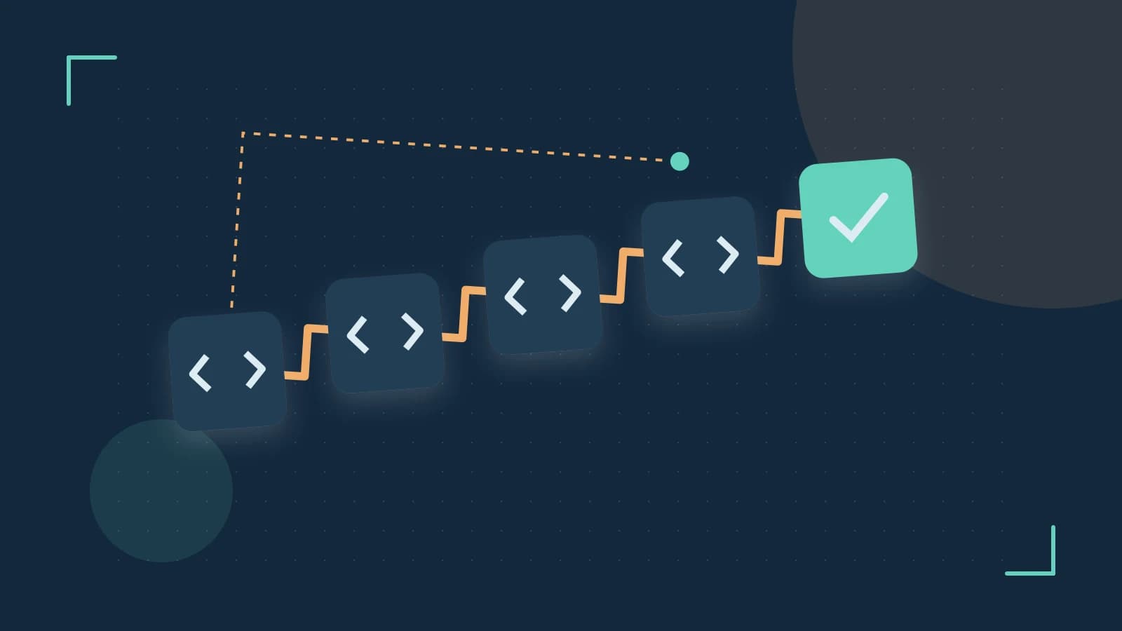Editorial illustration of a branching build pipeline, staged transformations and a completed check