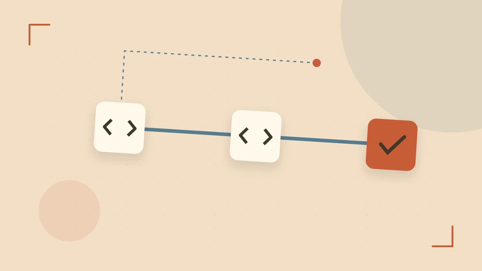 Editorial illustration of a branching build pipeline, staged transformations and a completed check