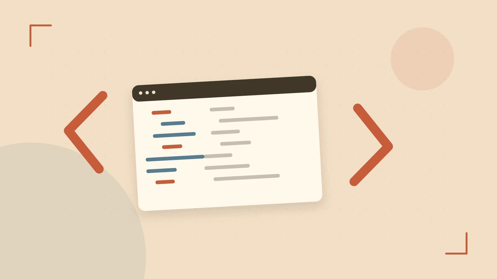 Editorial illustration of an abstract code editor, syntax blocks and oversized programming brackets