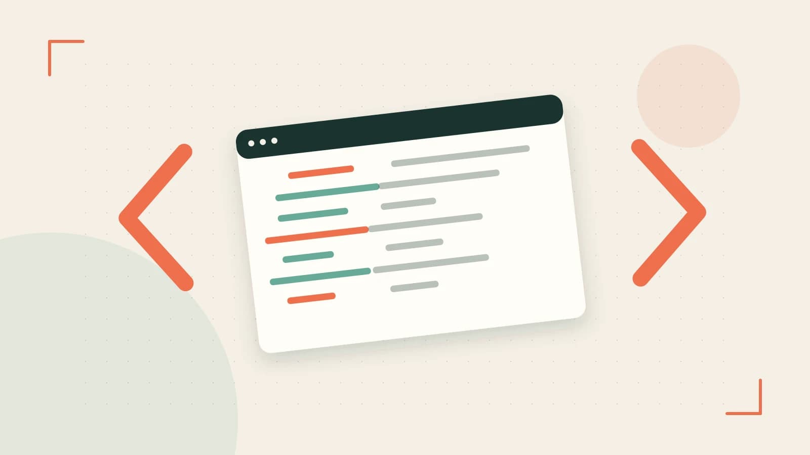 Editorial illustration of an abstract code editor, syntax blocks and oversized programming brackets