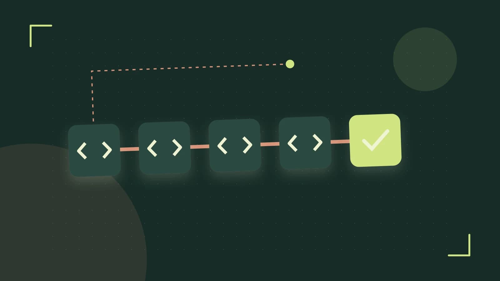 Editorial illustration of a branching build pipeline, staged transformations and a completed check