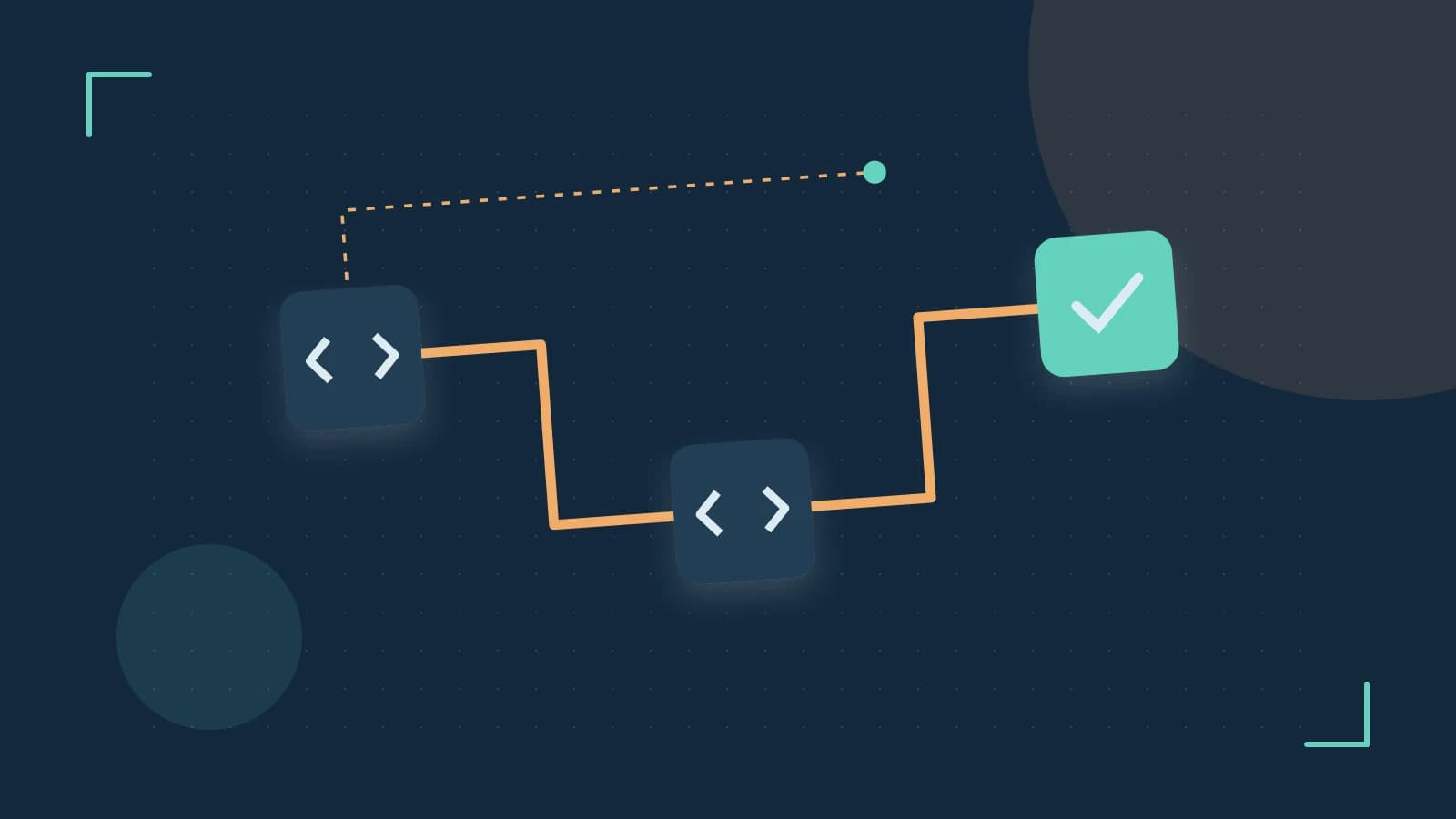 Editorial illustration of a branching build pipeline, staged transformations and a completed check