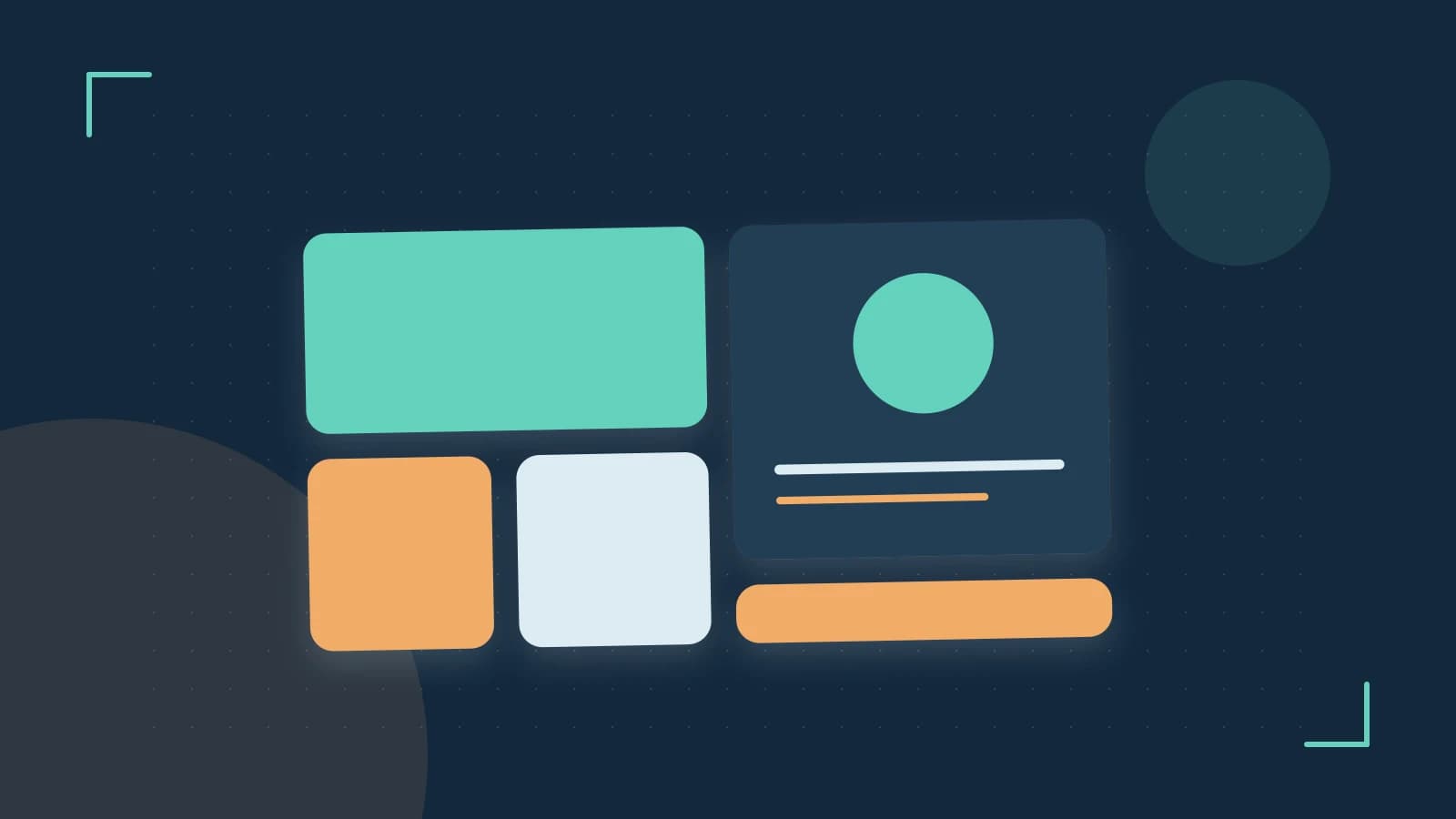 Editorial illustration of responsive browser layouts, overlapping design components and a color system