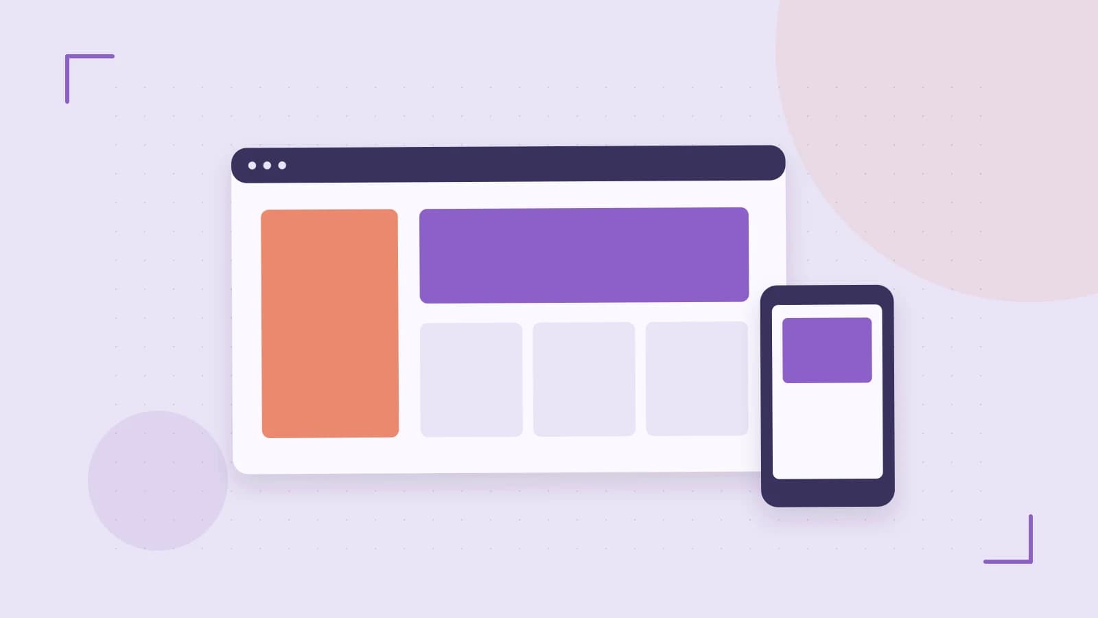 Editorial illustration of responsive browser layouts, overlapping design components and a color system