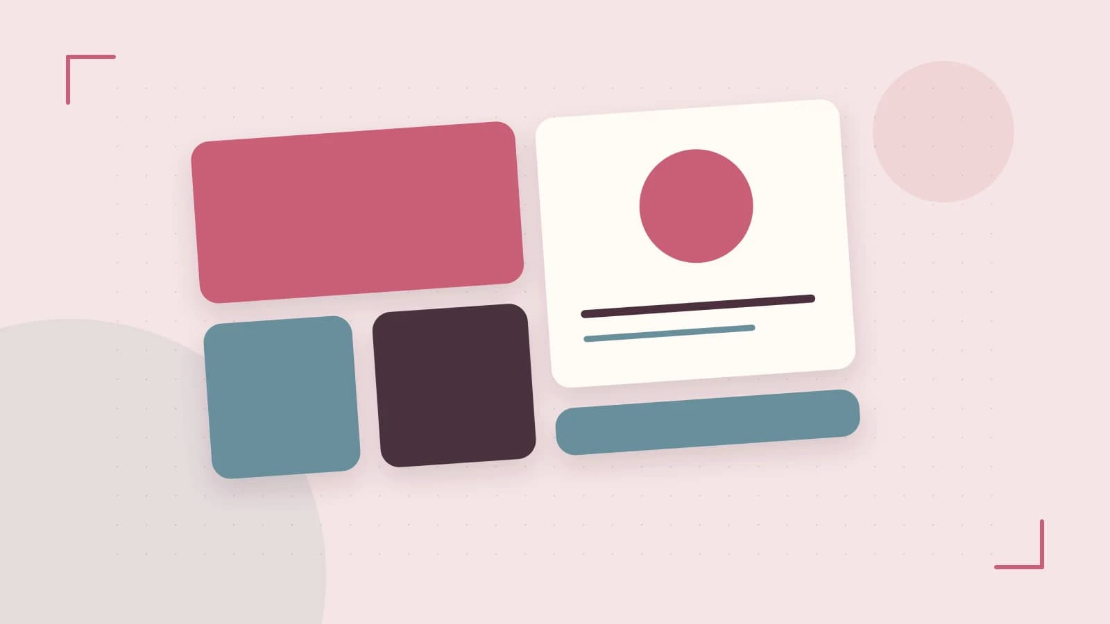 Editorial illustration of responsive browser layouts, overlapping design components and a color system