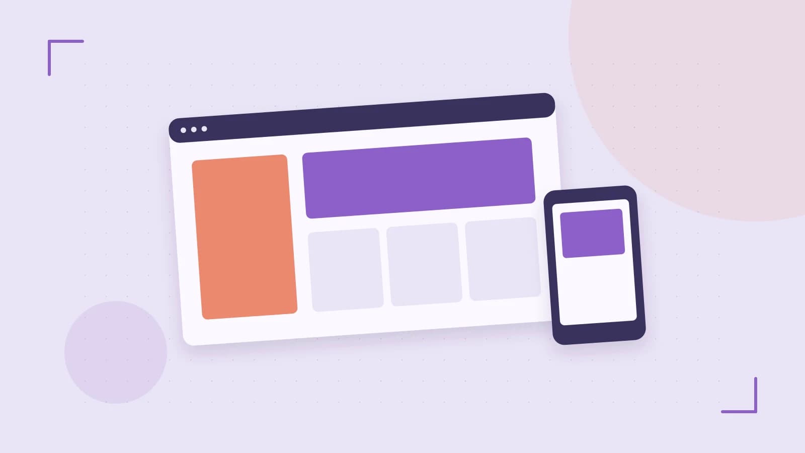 Editorial illustration of responsive browser layouts, overlapping design components and a color system