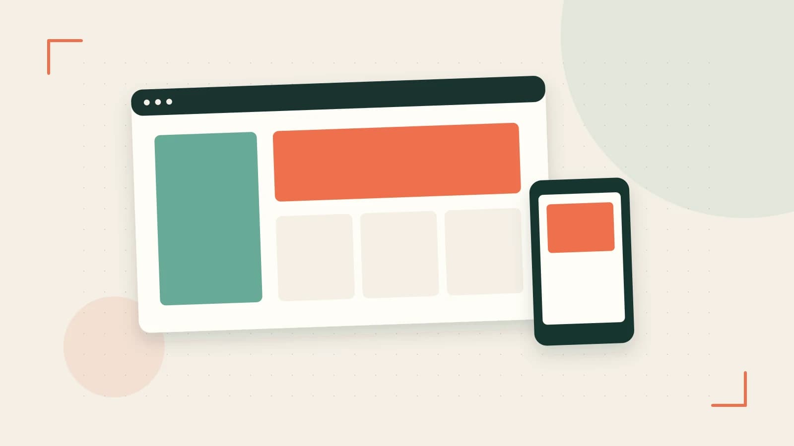 Editorial illustration of responsive browser layouts, overlapping design components and a color system