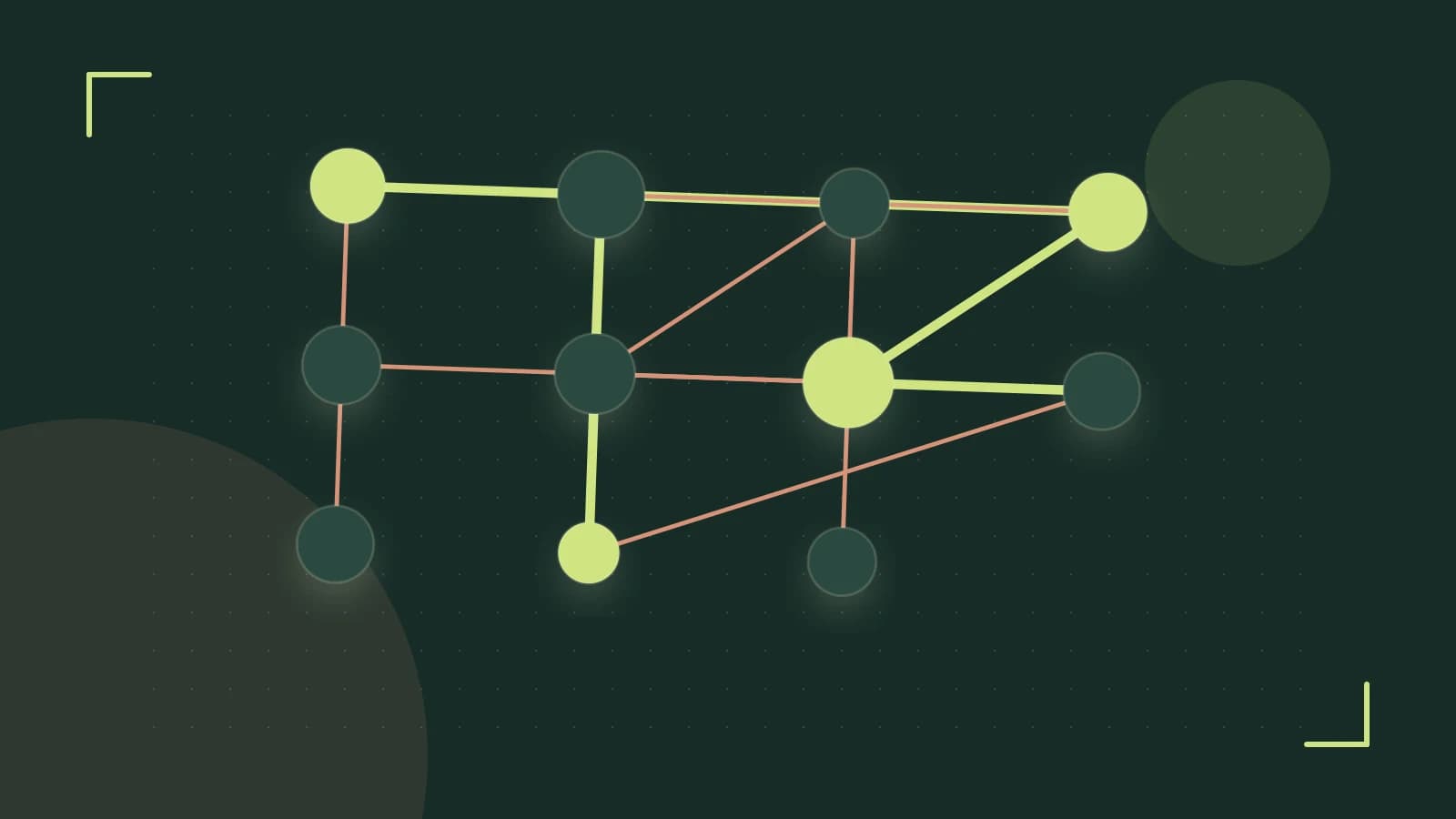 Editorial illustration of an algorithmic node graph with branching paths and a highlighted result