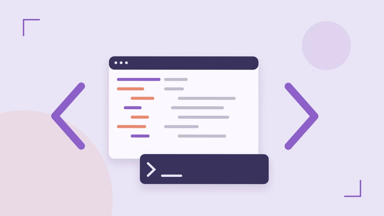 Editorial illustration of an abstract code editor, syntax blocks and oversized programming brackets